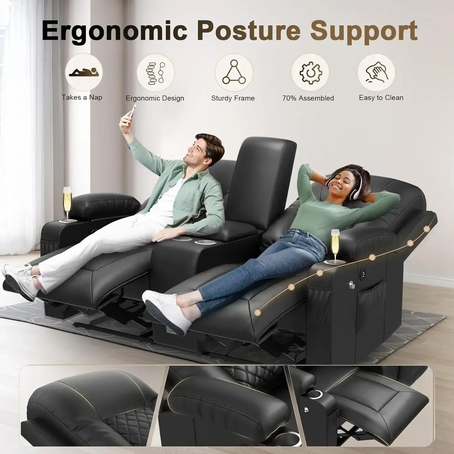 Loveseat Recliner with Storage Console & USB Ports, 2 Cell Phone Holders Ohberri