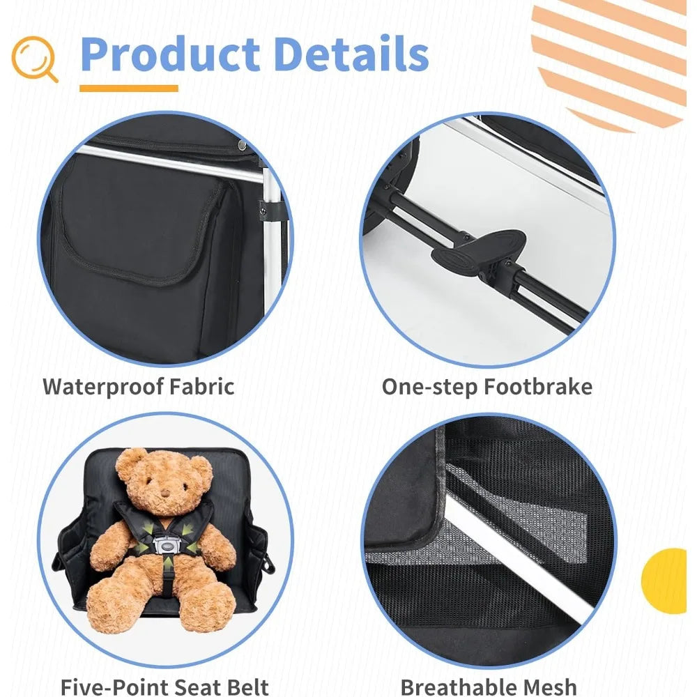 Wagon Stroller - Foldable Cart with 2 High Seats, 5-Point Harnesses, Adjustable Canopy - Ohberri