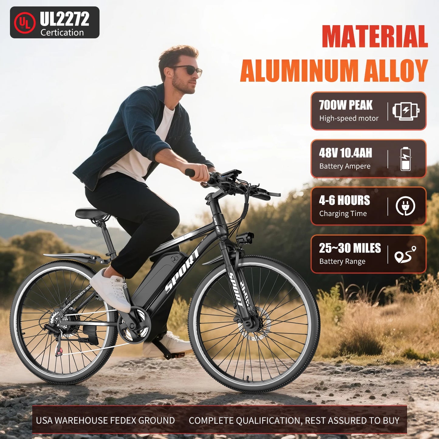 26''Electric Bike,Motorcycle 700W Peak Motor,20MPH 35Miles 480Wh 7-Speed& LCD Display - Ohberri