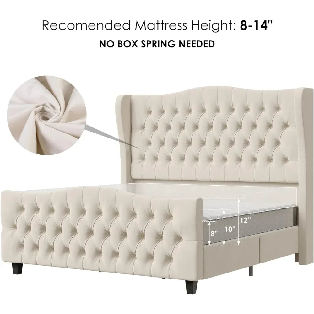 Velvet Upholstered Deep Button Tufted Wingback Headboard and Footboard - Ohberri