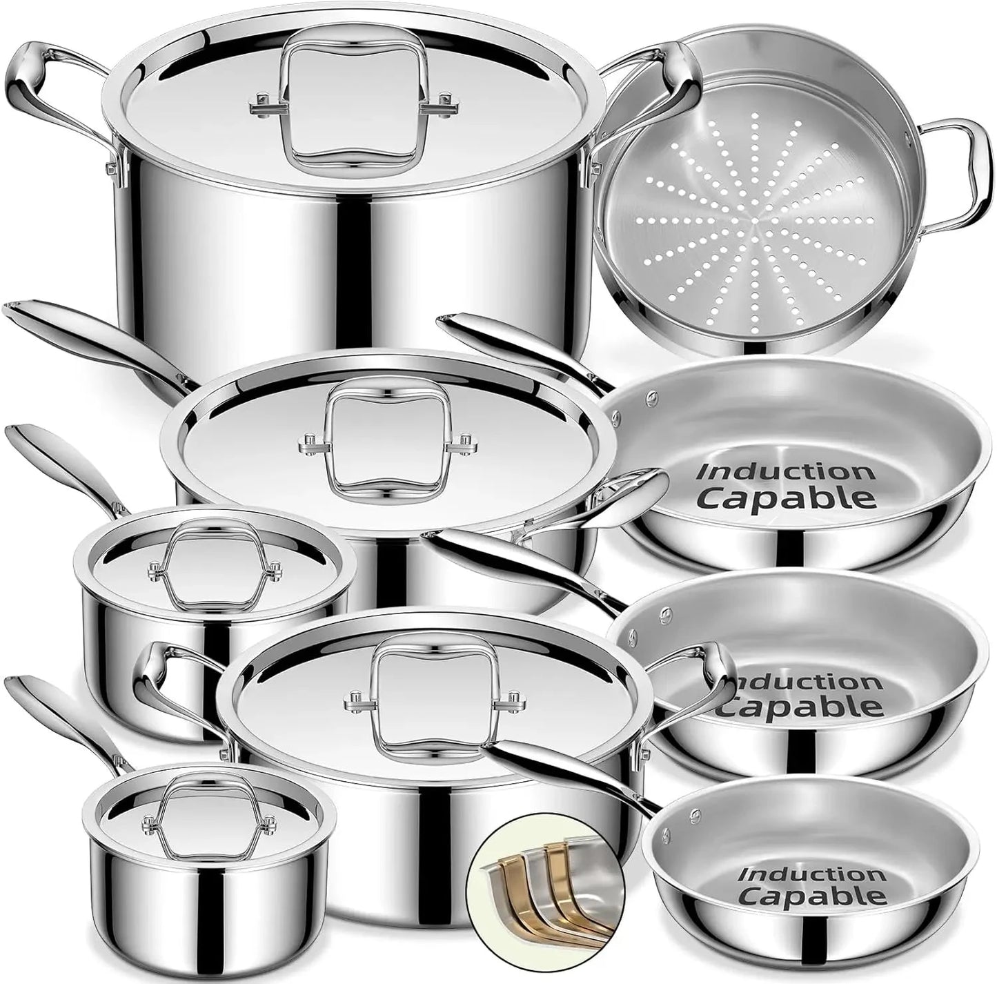 Stainless Steel Cookware Set, 5 Ply 14 Piece Stainless Steel Pot and Pan Set-Induction Ohberri