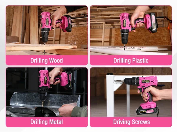20V 3/8" Pink Cordless Drill Set  18+1 Torque Settings, Power Drill Set with LED Light and Magnetic Holder Ohberri