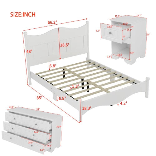 4-Pieces Retro Style Bedroom Sets, Queen Size Platform Bed Storage Nightstand and Dresser with Metal Handle, White - Ohberri