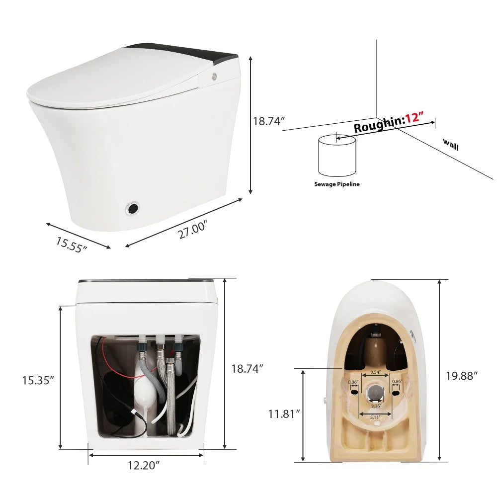Smart Toilet with Foot Sensor Auto Flush Soft Close Heated Seat Night Light Ohberri
