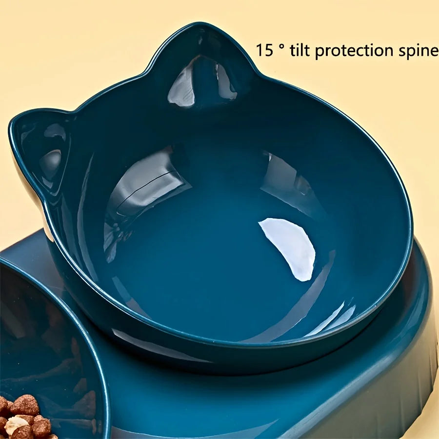Pet Bowls With Water Feeder, 3 In 1 Ear Design Tilted Cat Water And Food Bowl Set With Gravity Water Bottle For Neck Protection Ohberri