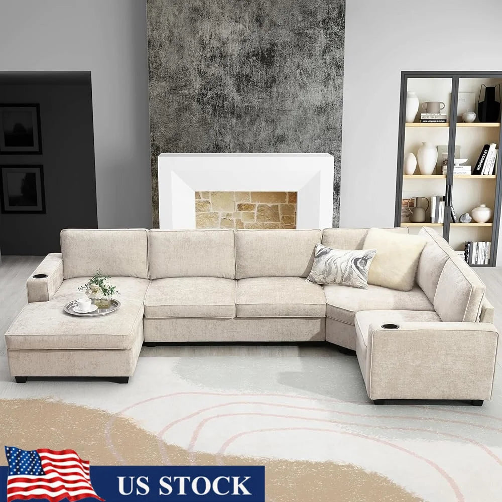 Modern U-Shaped Oversized Sectional Sofa with Cup Holders Chaise Lounge - Ohberri