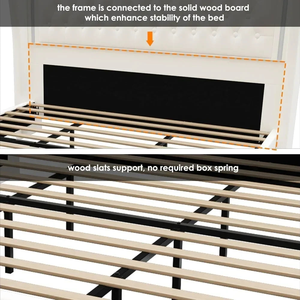 55" Tall Headboard LED, Tufted Velvet Upholstery, 2 Storage Drawers, Wood Slats- Beige - Ohberri