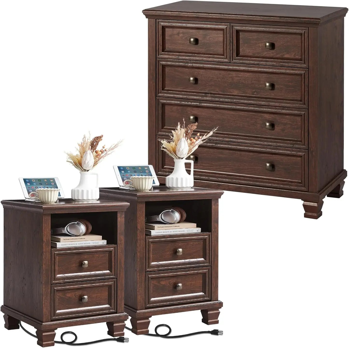 Farmhouse Dresser and Nightstand Sets of 4, 6/5 Drawer Dresser & 2 Drawer Nightstand Set of 2, Rustic Walnut - Ohberri