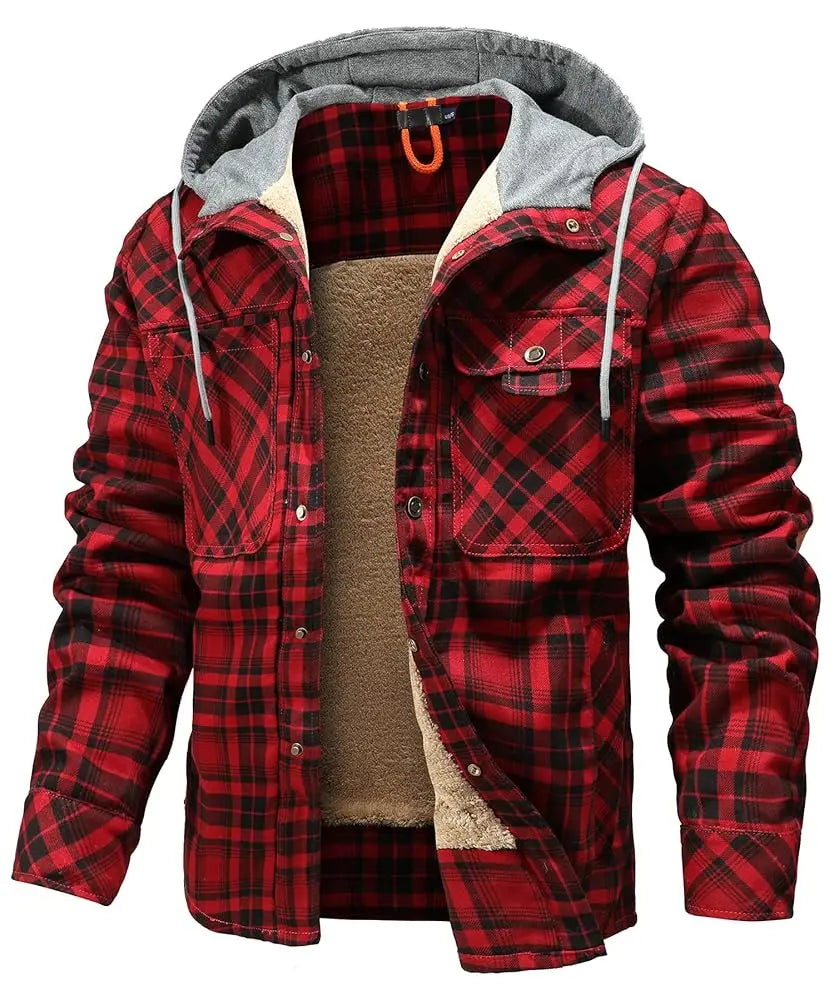 Men's Jackets Winter Hooded Warm Coat Casual Thicken Plaid Ohberri
