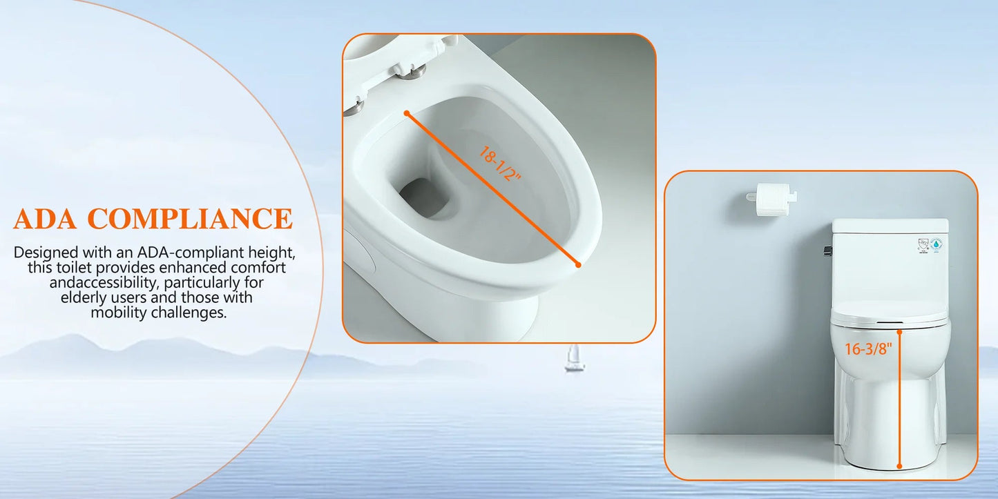 1.28 GPF Single-flush One Piece Toilet, Water-Saving Elongated Ohberri