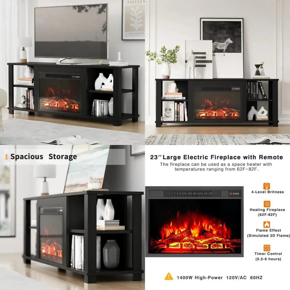fireplace tv stand for television up to 65 inch, modern with storage shelves -black Ohberri