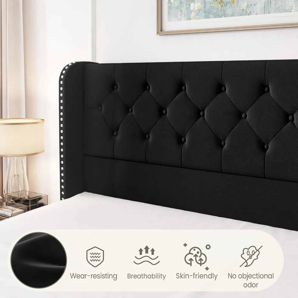 Bed Frame with 4 Storage Drawers and Tufted Headboard Velvet Upholstered Platform - Ohberri