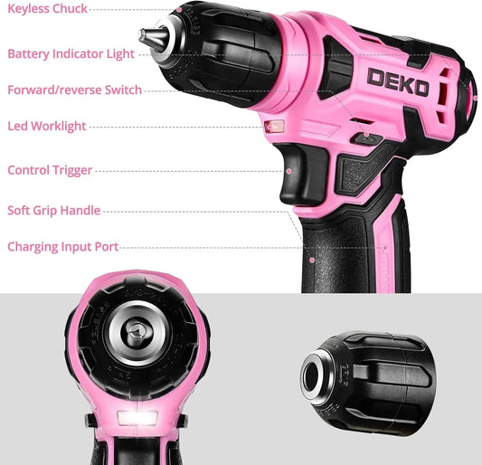 DEKO 8V Pink Cordless Drill, Drill Set with 3/8"Keyless Chuck, 42pcs Ohberri