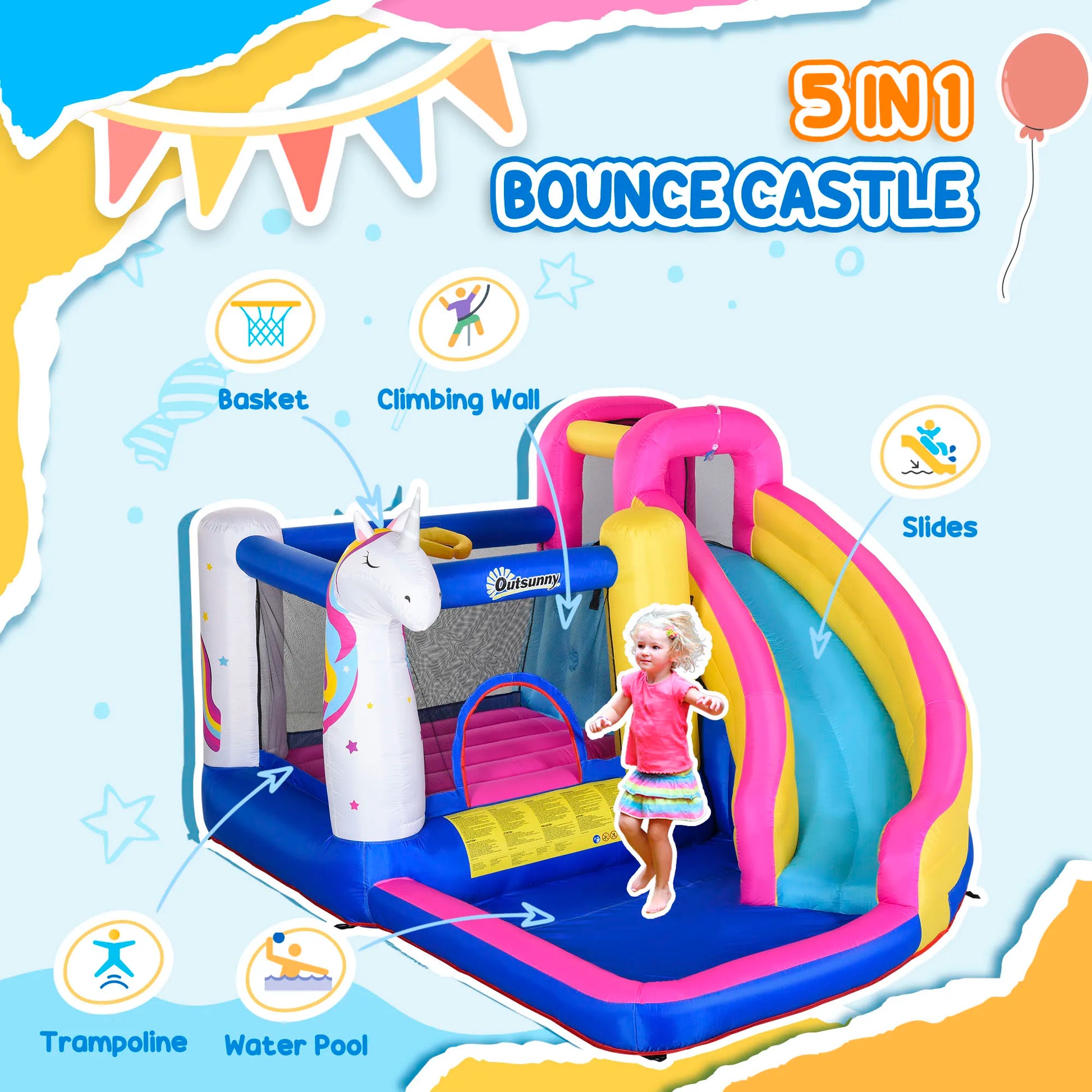 Unicorn 5-in-1 Large Inflatable Bounce House, Inflatable Water Slide for Kids - Ohberri