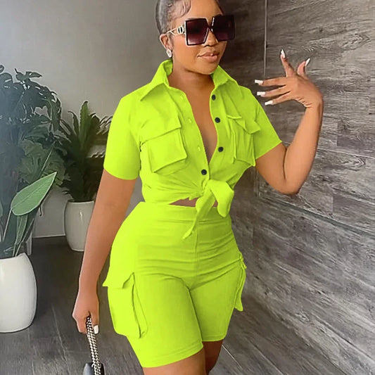 Streetwear Two Piece Set for Women Summer Outfits Pockets Short Sleeve Button-Up Shirt Top Short Sets Party Club Matching Sets - Ohberri