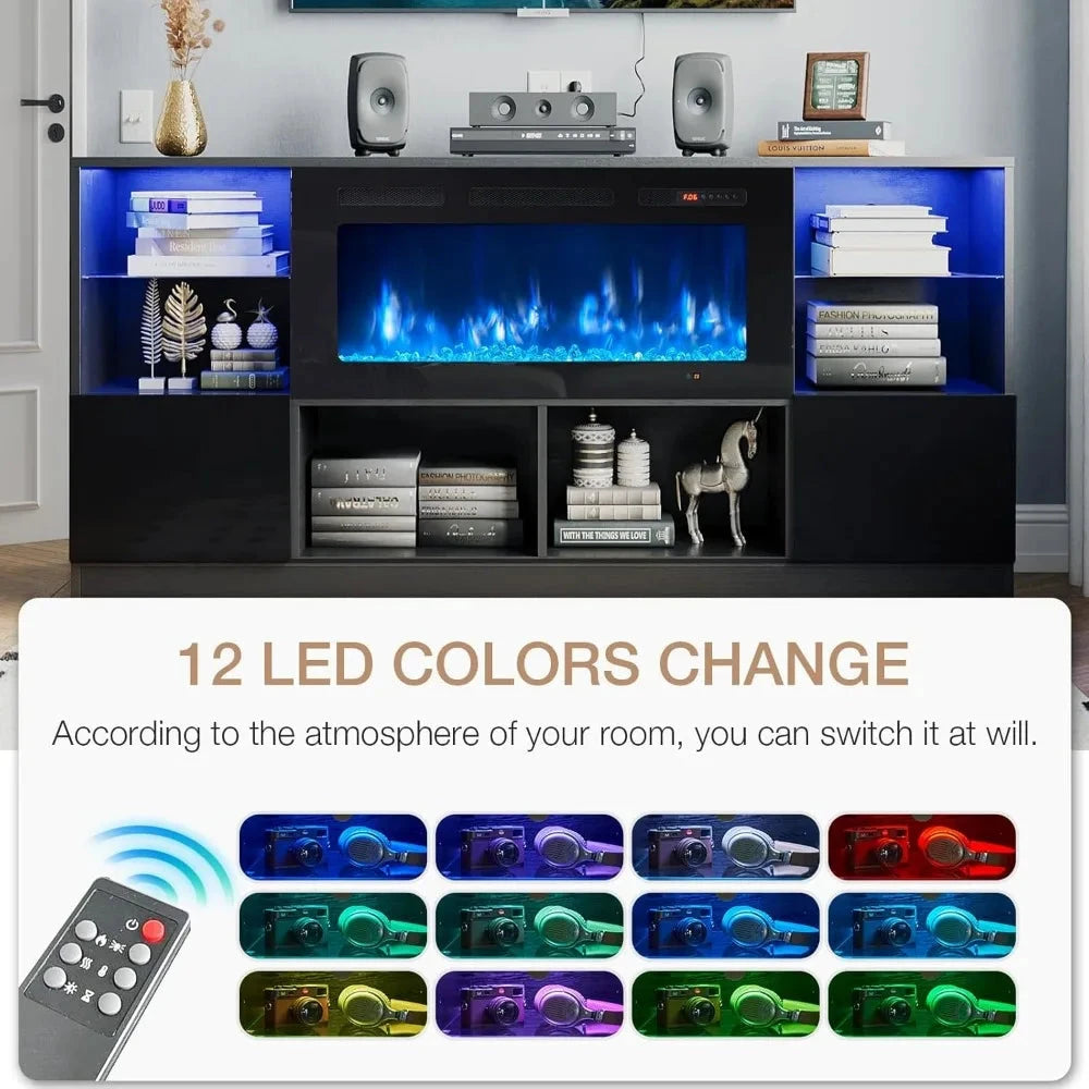 fireplace tv stand with 36” electric fireplace, 70” tv console tvs up to 80", led light Ohberri