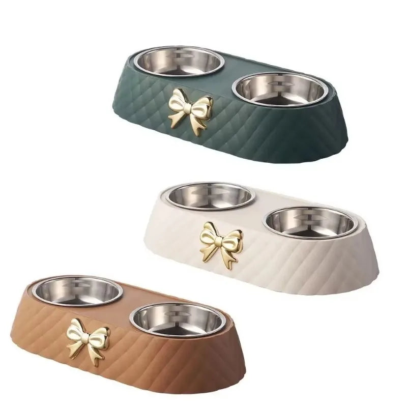 1PC Pet Pet Dog and Cat Food Bowls Bowtie Dog Food Drinking Double Bowl Pet Supplies Ohberri