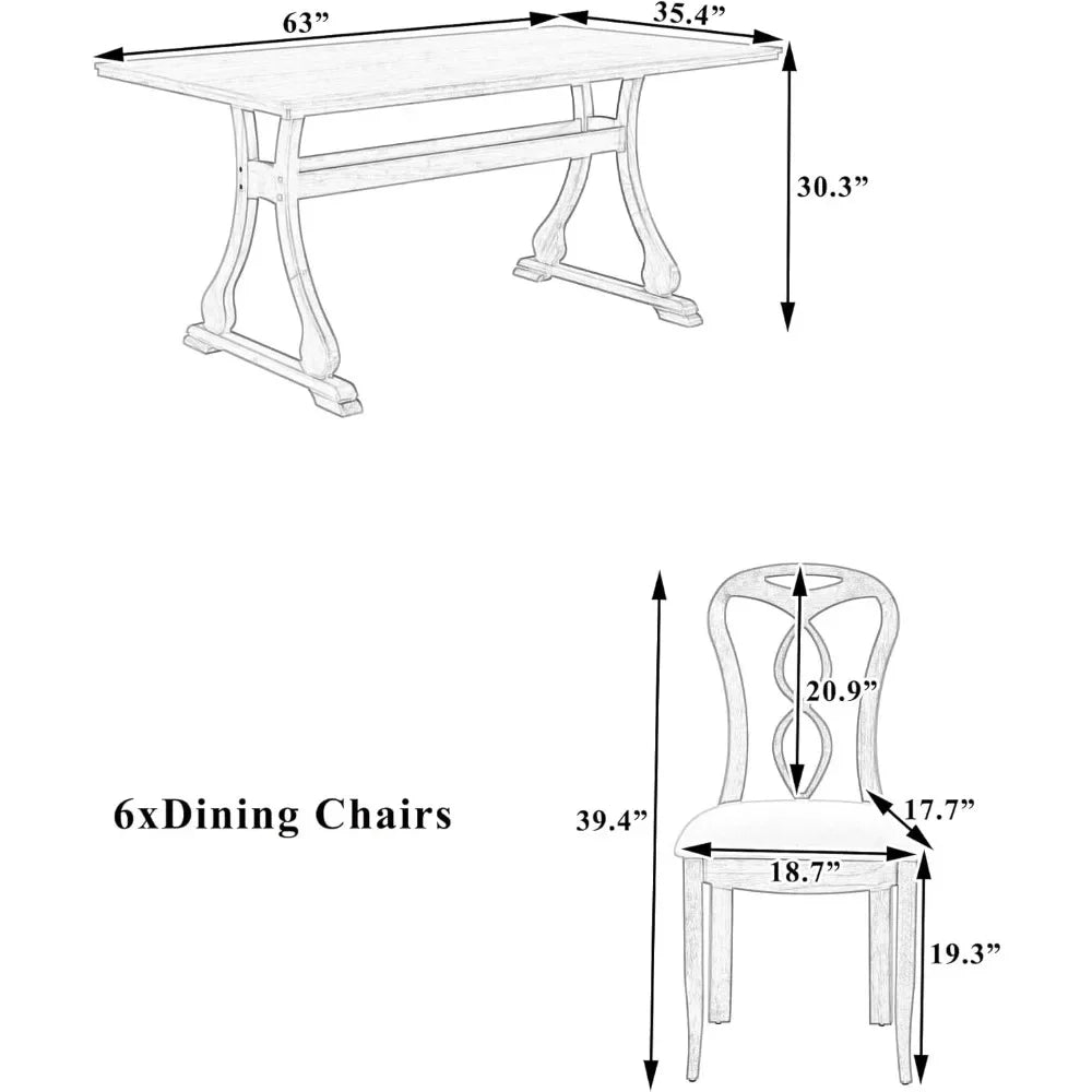 7 Piece Dining Table Set, Retro Kitchen Table Set with 6 Upholstered Dining Chairs, Wooden Table and Chairs Set for Dining Room - Ohberri