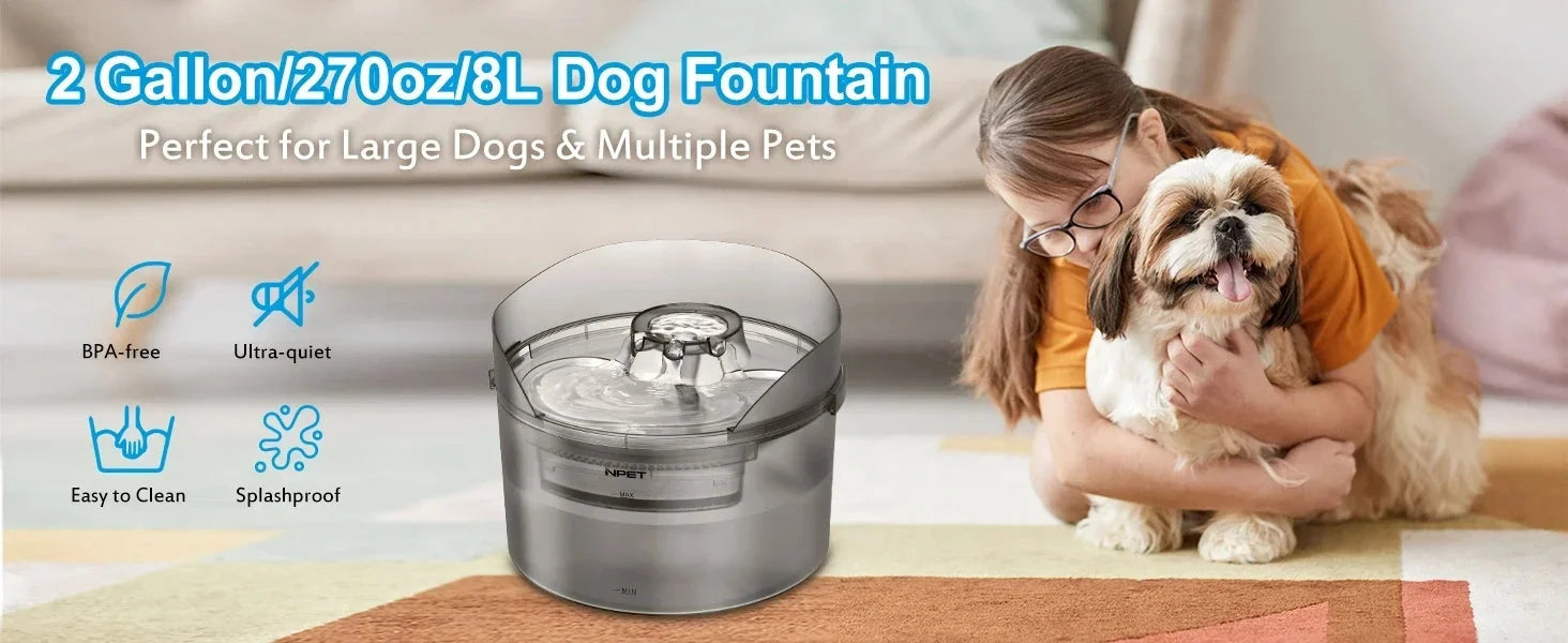 Fountain, 2 Gallon/270oz/8L Large Automatic Water Dispenser with Splatter Guard Ohberri