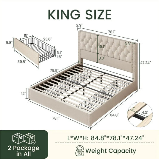 King Size Platform Bed Frame with 4 Storage Drawers and Headboard Linen Upholstered Bed Frame Tufted Beds - Ohberri