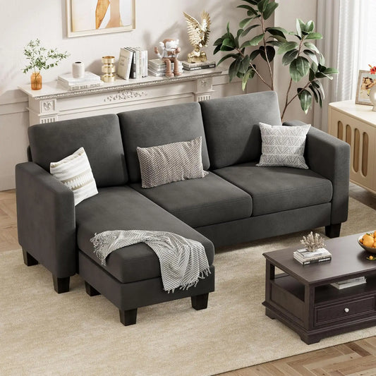 3 Seat L-Shaped Sofa with Linen Fabric Ottoman (Dark Gray) - Ohberri