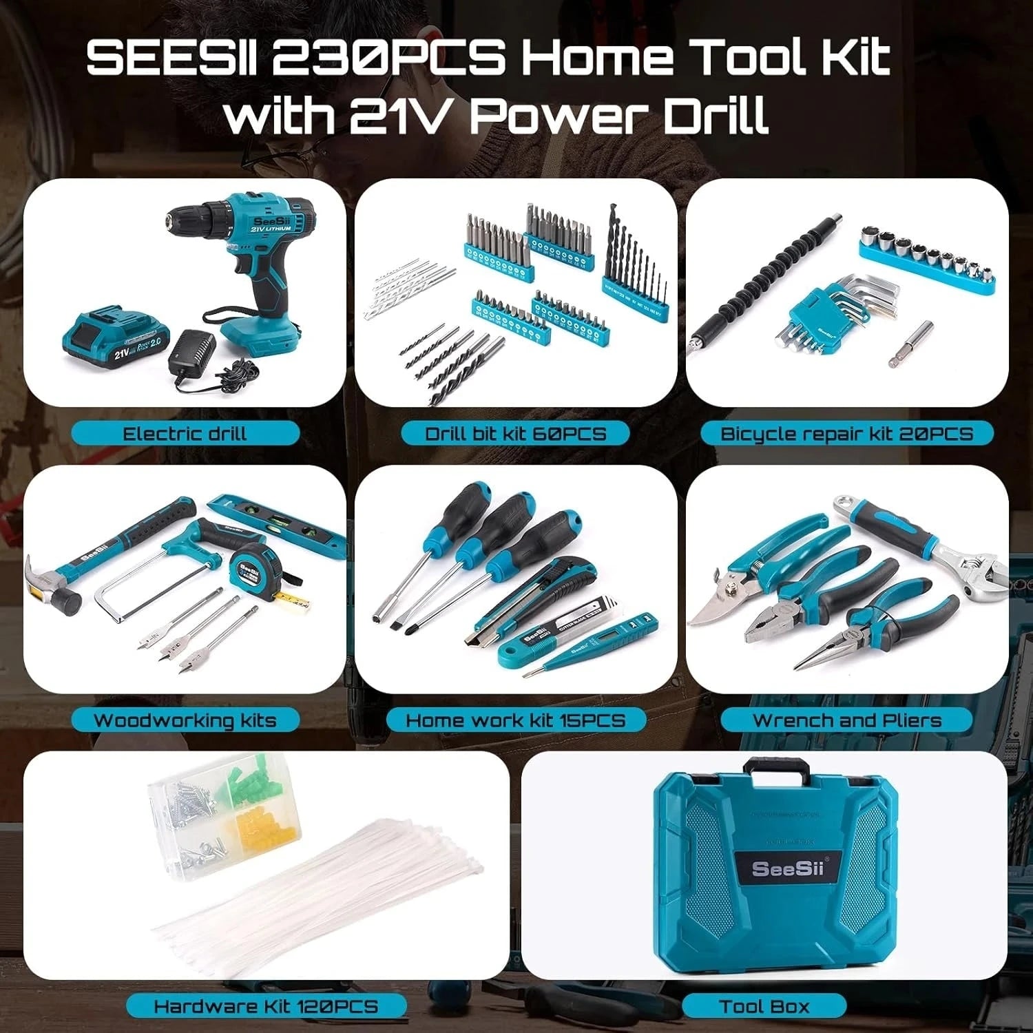 Tool Kit with Drill 25+1 Torque adjustment Cordless Electric Drill Ohberri