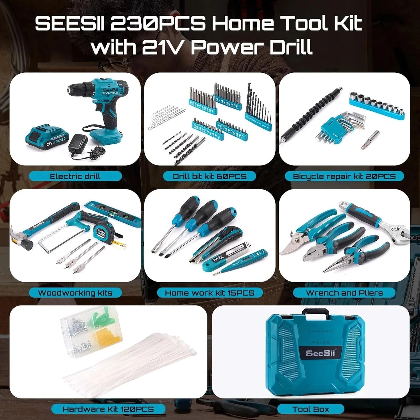 Tool Kit with Drill 25+1 Torque adjustment Cordless Electric Drill Ohberri