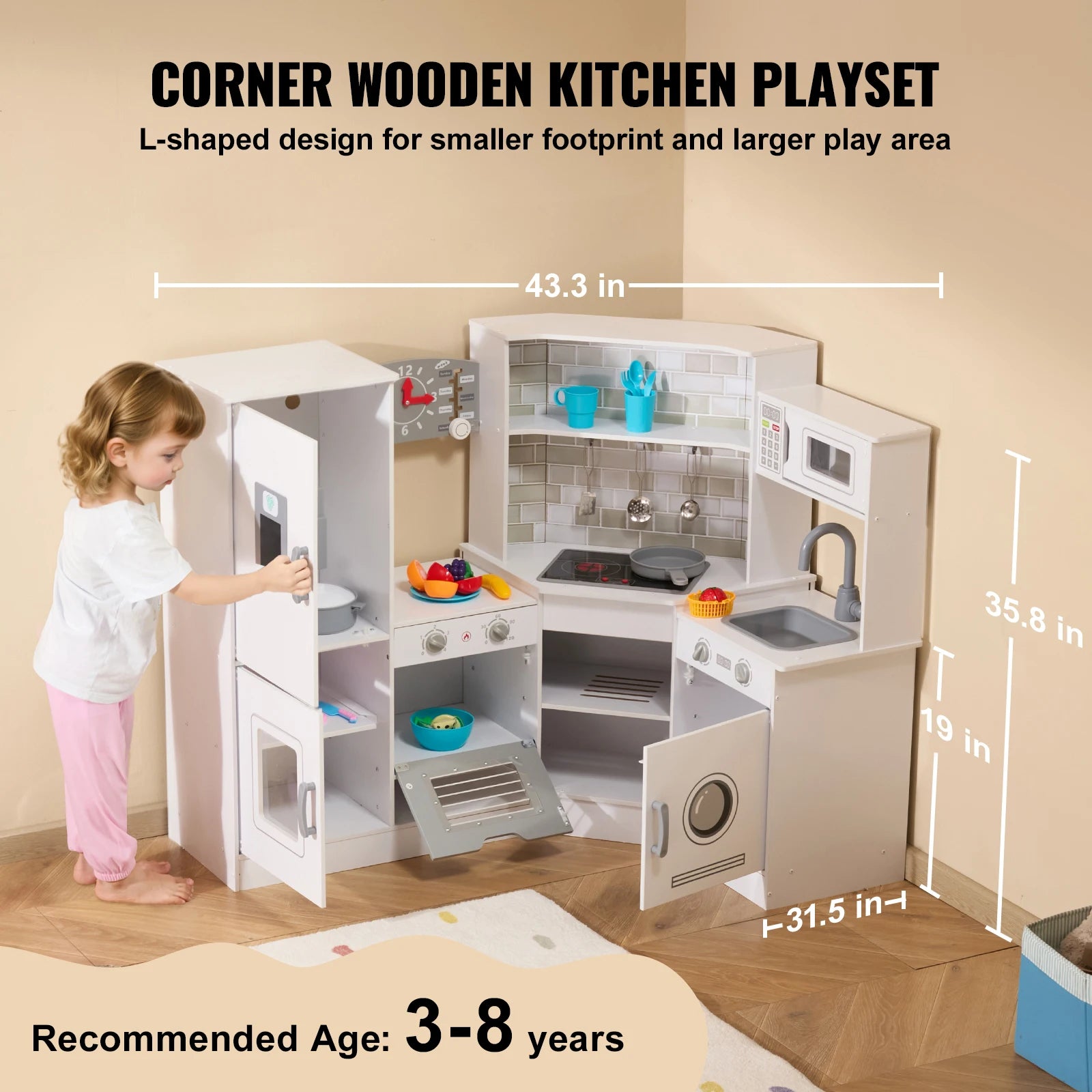 Corner Wooden Play Kitchen Set with Lights & Sounds - Ohberri