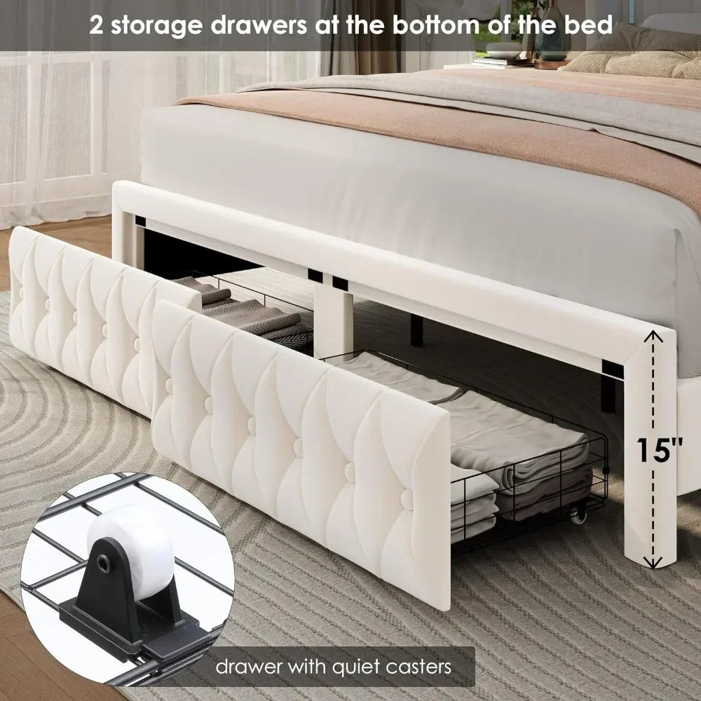 55" Tall Headboard LED, Tufted Velvet Upholstery, 2 Storage Drawers, Wood Slats- Beige - Ohberri