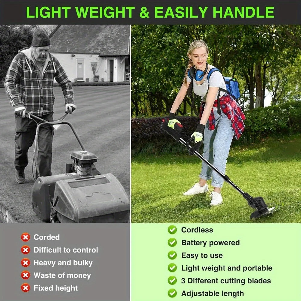 Electric Weed Wacker, 24V 1500MAh Weed Wacker Battery Operated, 3-in-1 Lightweight Lawn Trimmer/Mini-Mower/Brush Cutter - Ohberri