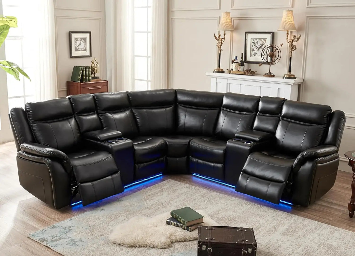 Power Recliner with LED Lights, USB, Cup Holders Storage Console Faux Leather Sectional - Ohberri