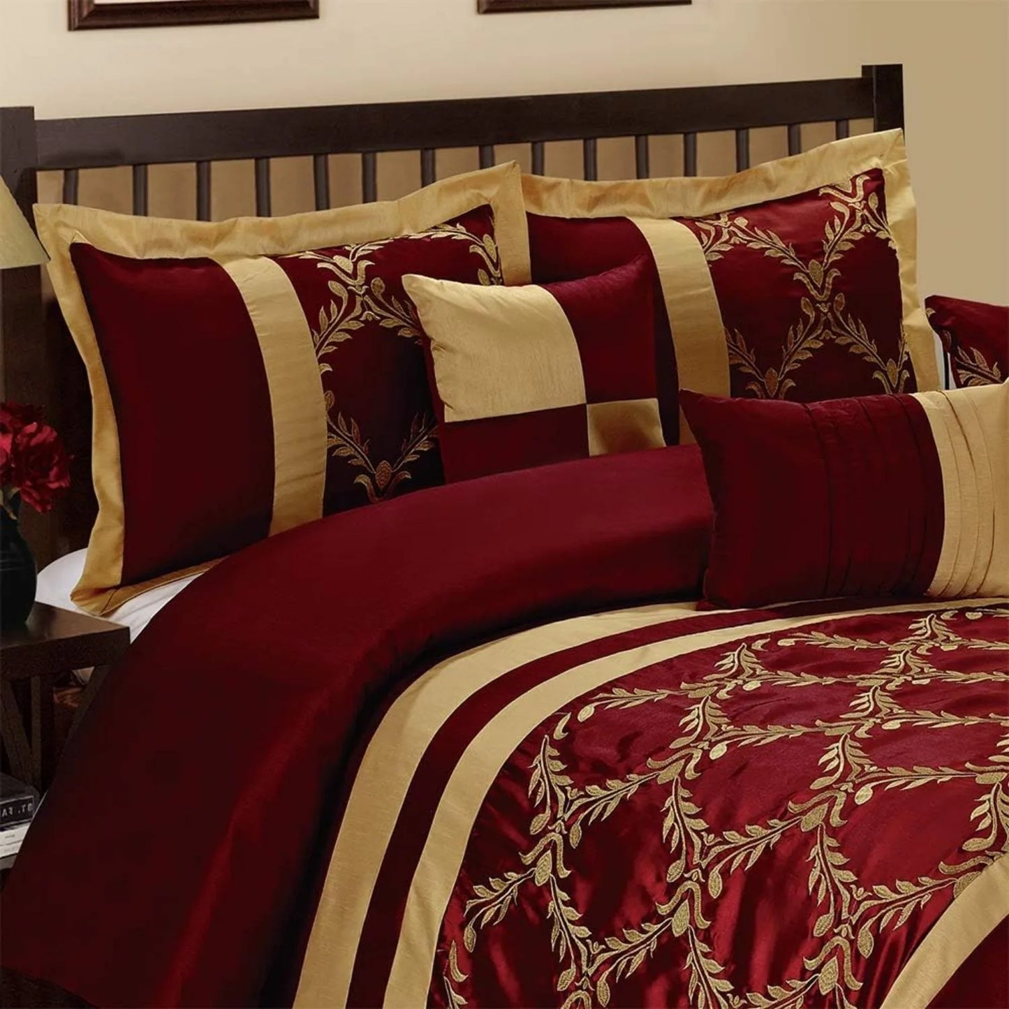 7 Piece Comforter Set King - Burgundy and Gold Faux Silk Fabric Embroidered - Claremont Bed in A Bag - Breathable and Wrinkle - Ohberri