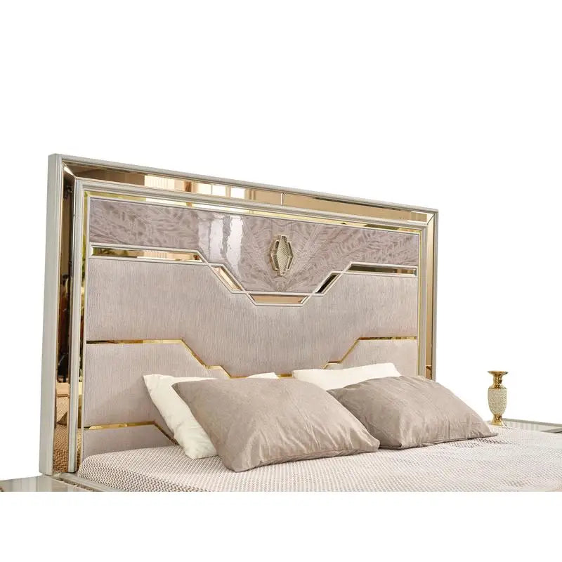 Modern Style 4-Piece Queen Upholstered Bedroom Set with Wood and Gold Accents in Beige - Ohberri