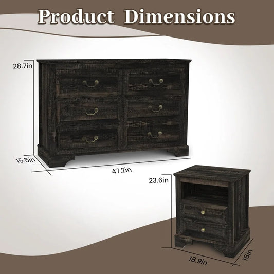 Farmhouse 3 Pieces Bedroom Furniture Set, Rustic Wood 6 Drawer Dresser and Nightstands - Ohberri