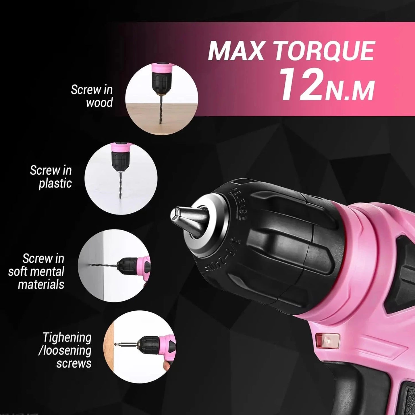 DEKO 8V Pink Cordless Drill, Drill Set with 3/8"Keyless Chuck, 42pcs Ohberri