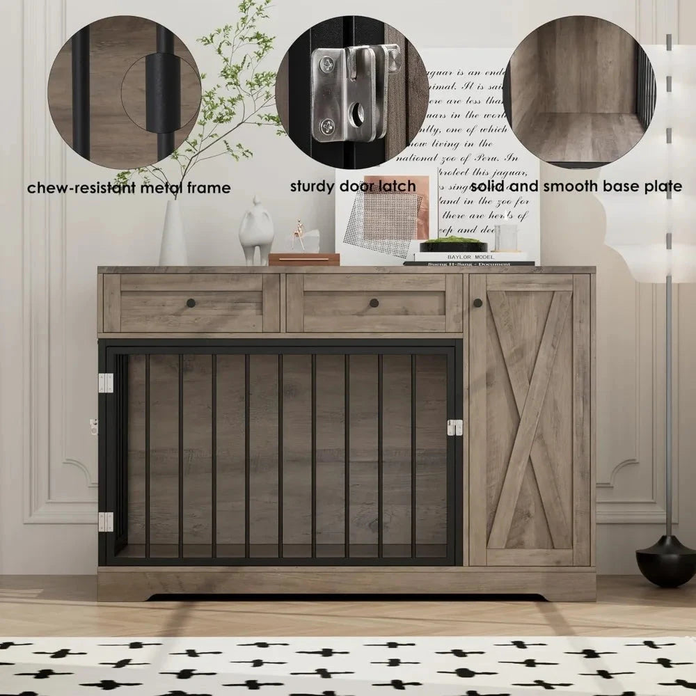 Wooden Dog Crate Furniture, Double Door Pet Kennel with 2 Drawers & Storage Cabinet Ohberri