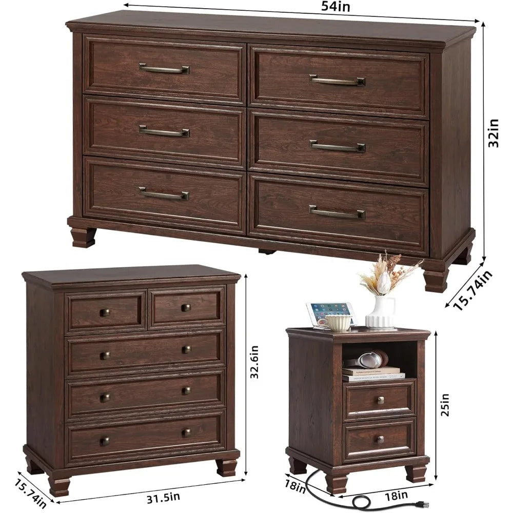 Farmhouse Dresser and Nightstand Sets of 4, 6/5 Drawer Dresser & 2 Drawer Nightstand Set of 2, Rustic Walnut - Ohberri
