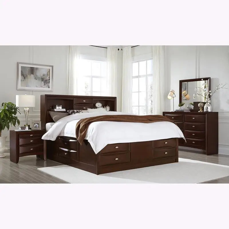 5PC Queen Size Bedroom Set - Lucille Style Merlot Finish with Bed, Dresser, Nightstand & Mirror - Ohberri