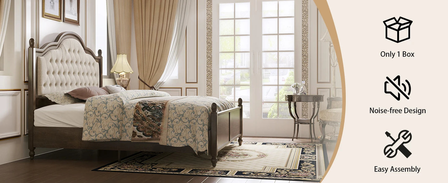 King Size Wood Bed Frame with Upholstered Headboard, Solid Wood Platform Bed with Linen Tufted - Ohberri