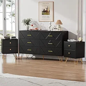 3 Pcs Bedroom Sets, Large 6 Drawer Dresser and Two Drawers Nightstand Set of 2 - Ohberri