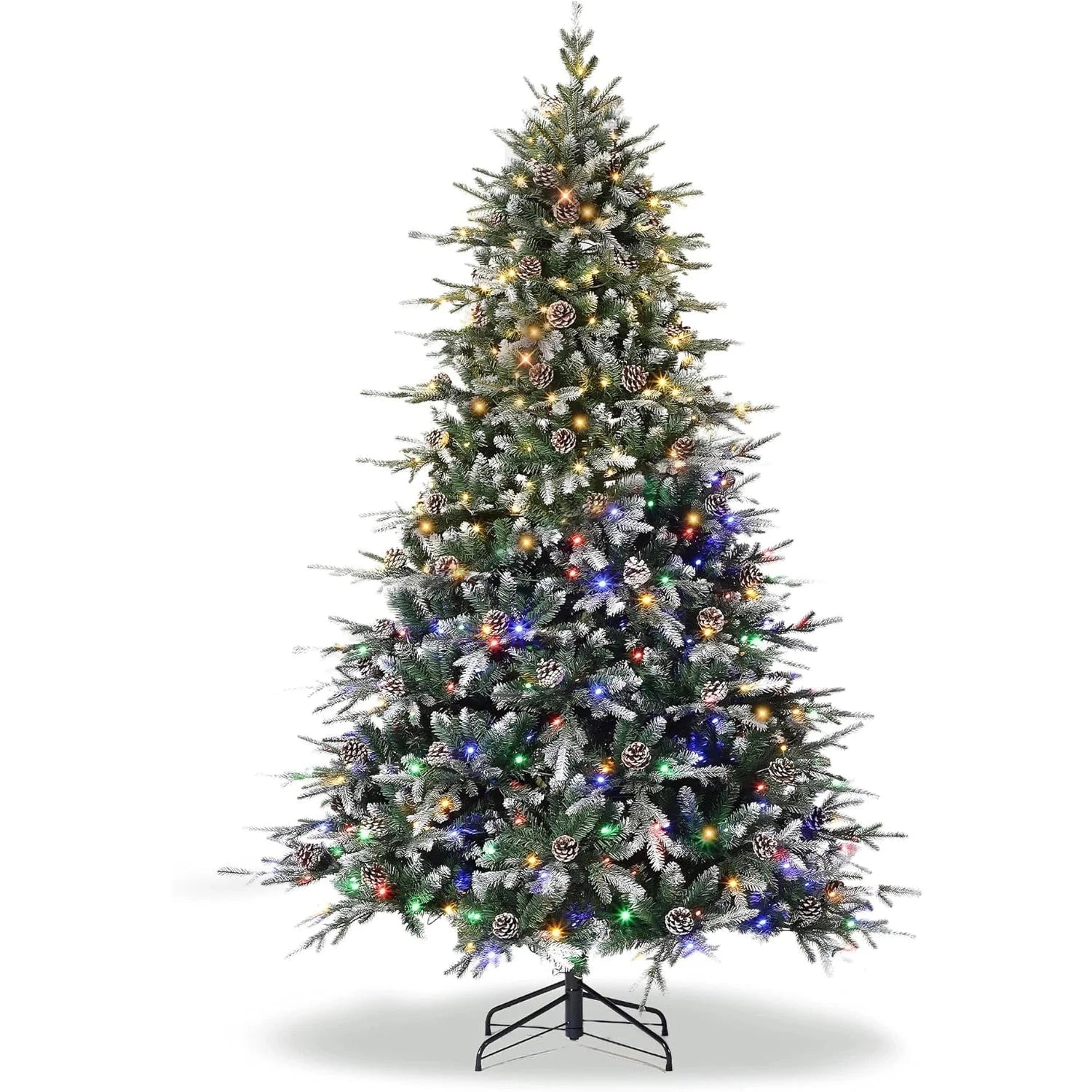 6Ft/7.5Ft/9Ft Pre-Lit Snow Flocked Christmas Tree 8-Modes LED Lights Prelit Artificial Tree With Fake Pine Cones Ohberri