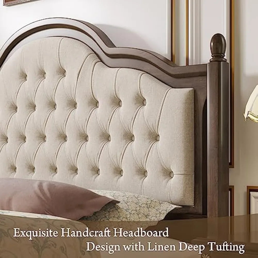 King Size Wood Bed Frame with Upholstered Headboard, Solid Wood Platform Bed with Linen Tufted - Ohberri