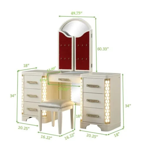 Queen 5 Pc Unique LED Vanity Bedroom Set made with Wood in Beige - Ohberri