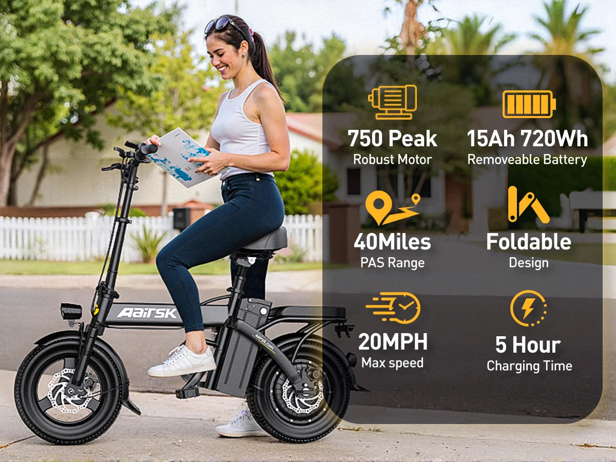 Electric Bike 750W Peak Motor 48V15AH LCD Display 14-inch Tire Electric Bicycle - Ohberri