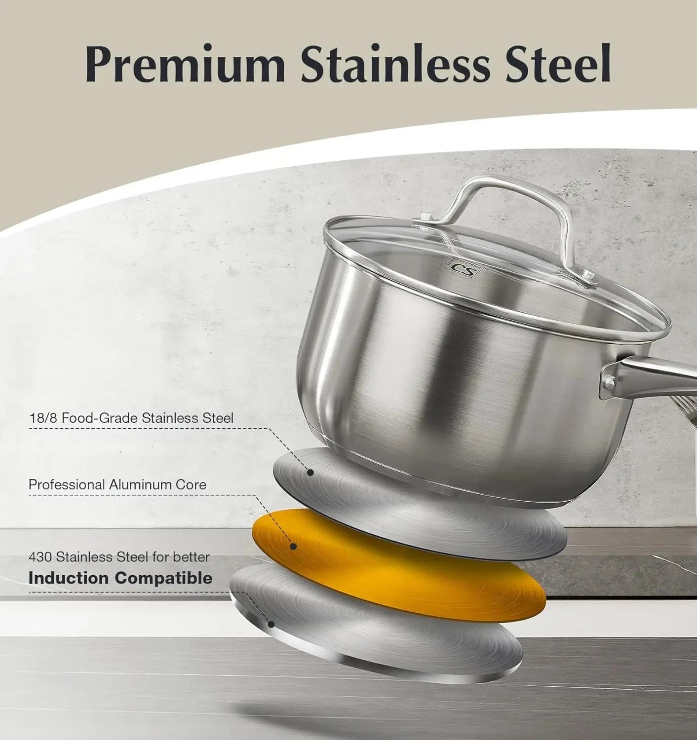 10 Piece Stainless Steel Pots and Pans Set, Induction Ready, Oven Safe to 450°F Ohberri