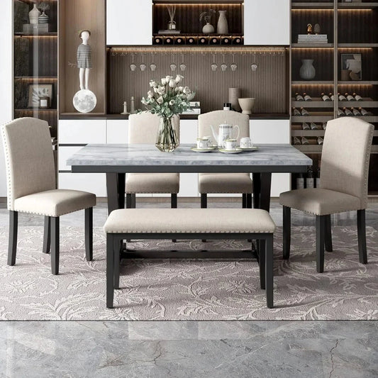 6 Pieces Dining Table Set with Bench, Rectangle Dining Table with 4 Upholstered Chairs & a Bench, Wood Ohberri