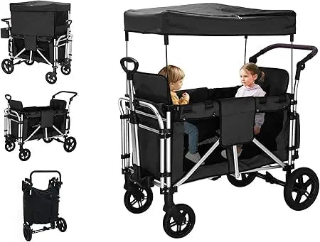 Wagon Stroller - Foldable Cart with 2 High Seats, 5-Point Harnesses, Adjustable Canopy - Ohberri