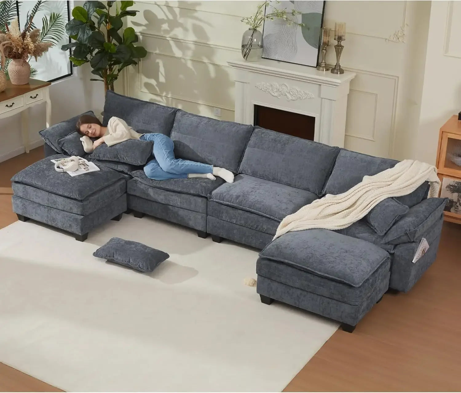 Cloud Couch Sectional with USB, Movable Ottoman, 3-Layer, Modern - Ohberri