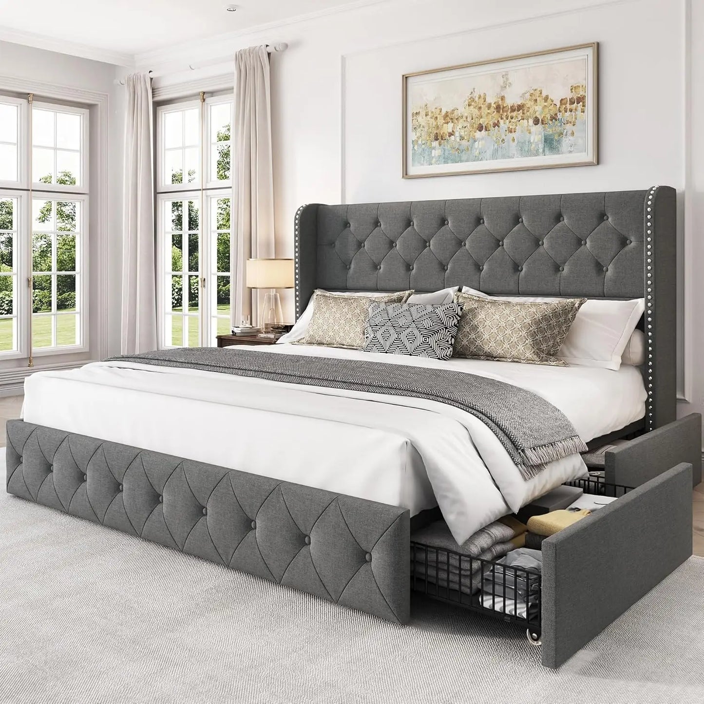 Bed Frame with 4 Storage Drawers and Tufted Headboard Velvet Upholstered Platform - Ohberri