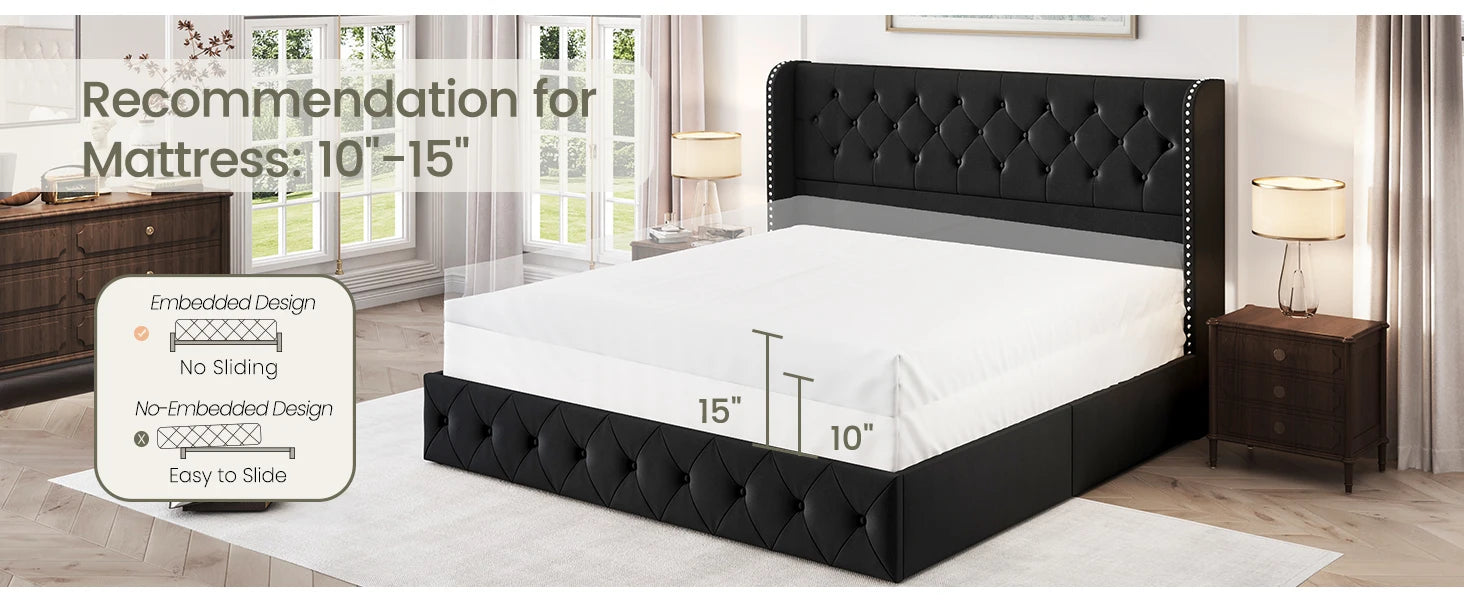 Bed Frame with 4 Storage Drawers and Tufted Headboard Velvet Upholstered Platform - Ohberri